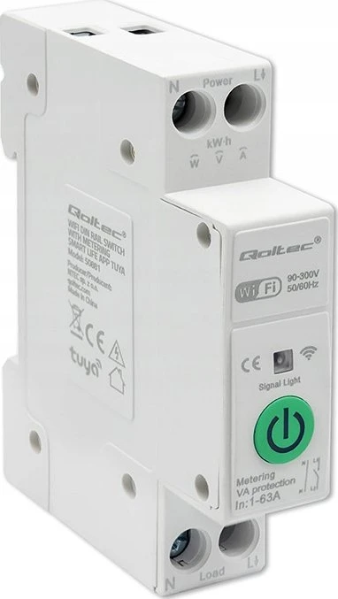 Qoltec 63A relė DIN bėgeliui su elektros skaitikliu | TUYA | Wifi | PROTINGAS GYVENIMAS