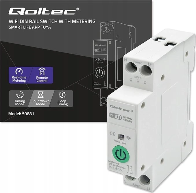Qoltec 63A relė DIN bėgeliui su elektros skaitikliu | TUYA | Wifi | PROTINGAS GYVENIMAS