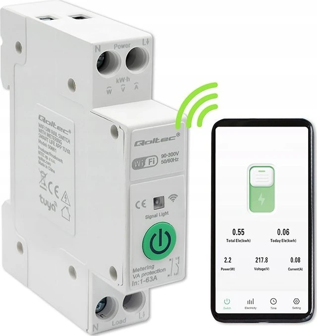 Qoltec 63A relė DIN bėgeliui su elektros skaitikliu | TUYA | Wifi | PROTINGAS GYVENIMAS