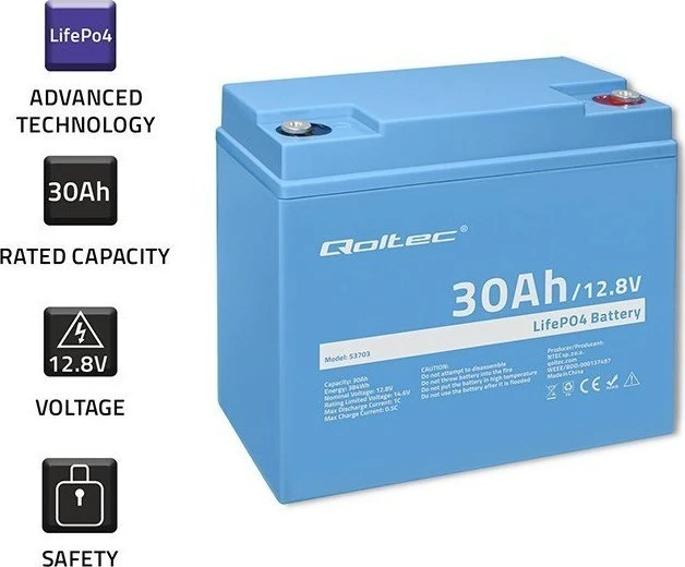QOLTEC 53703 LiFePO4 ličio geležies fosfato baterija / 12.8V / 30Ah / 384Wh / BMS