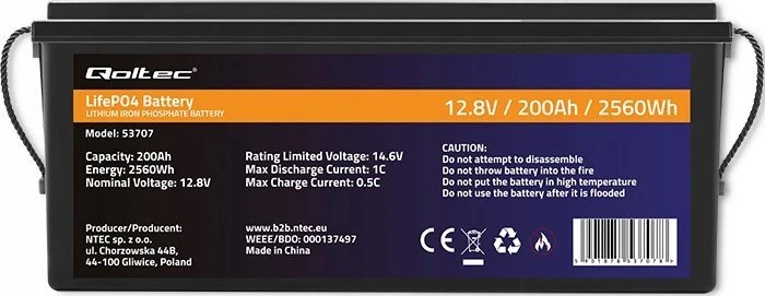 Qoltec akumuliatorius LiFePO4 ličio-geležies-fosfato | 12,8 V | 200 Ah | 2560 Wh | BMS