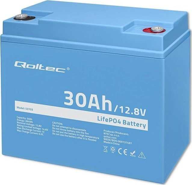 QOLTEC 53703 LiFePO4 ličio geležies fosfato baterija / 12.8V / 30Ah / 384Wh / BMS