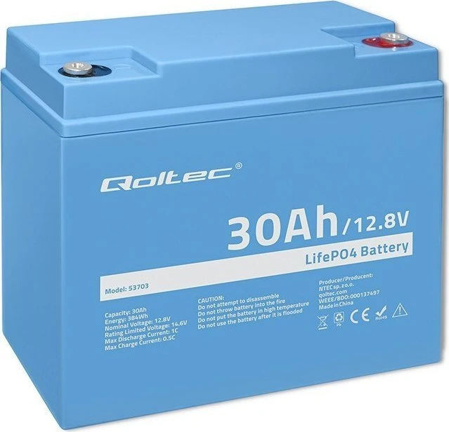 QOLTEC 53703 LiFePO4 ličio geležies fosfato baterija / 12.8V / 30Ah / 384Wh / BMS