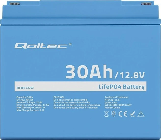 QOLTEC 53703 LiFePO4 ličio geležies fosfato baterija / 12.8V / 30Ah / 384Wh / BMS