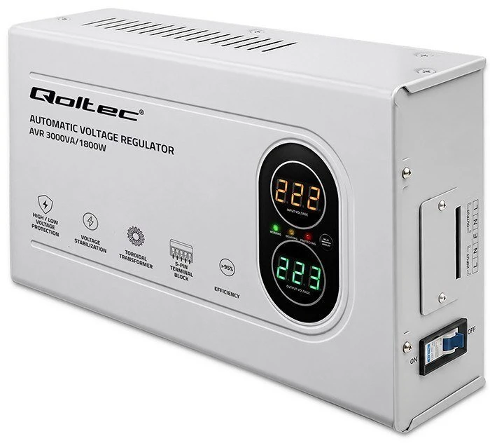Qoltec automatinis įtampos stabilizatorius AVR 3000VA 1800W kompaktiškas toroidinis transformatorius