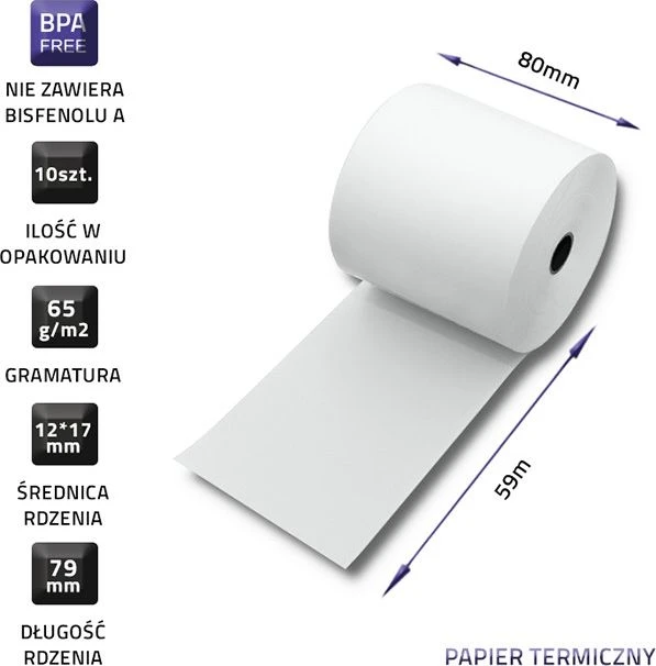 Qoltec Thermal ritinys 80 x 80 | 65g/m2 | 10vnt. | Be BPA