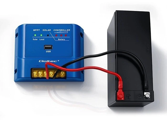 Qoltec 53671 MPPT saulės įkrovimo kontroleris 15A, skirtas maitinti nuolatinės srovės vartotojus ir įkrauti 12V / 24V baterijas | LiFePO4