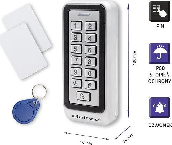 QOLTEC 52442 Kodinė spyna RHEA su RFID skaitytuvu Kodų kortelės rakto pakabukas Durų skambutis IP68 EM
