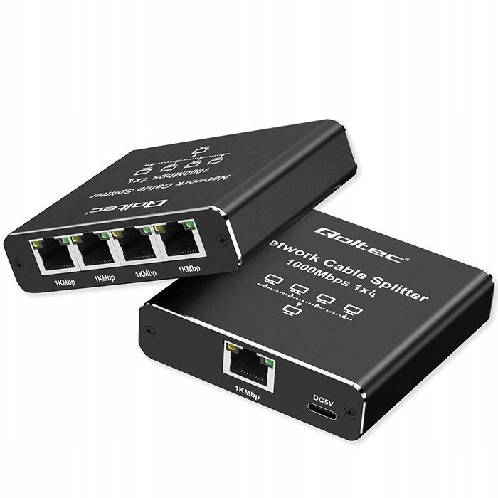 Šakotuvas „Qoltec Rozdzielacz“ skirstytuvas Ethernet mini jungiklis 1x4 RJ45 | 1000Mb/s | USB-C | Aliuminio