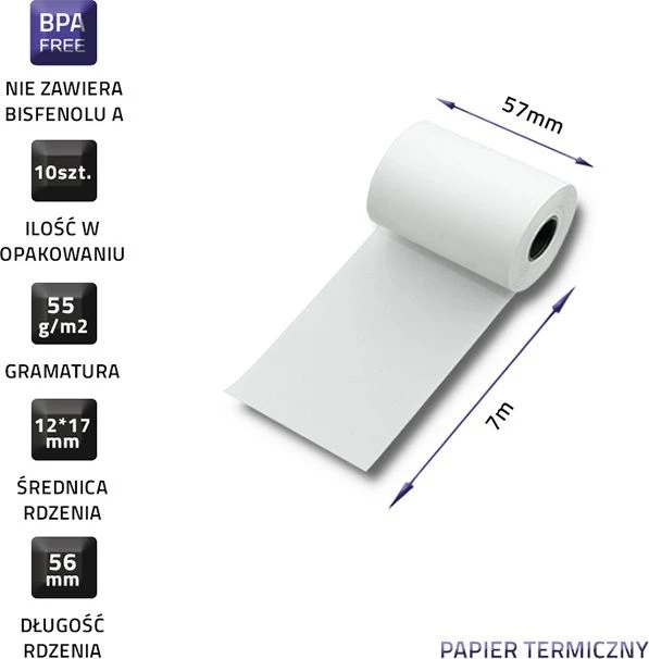 QOLTEC terminis ritinys 57 x 7 55g/m2 10vnt be BPA