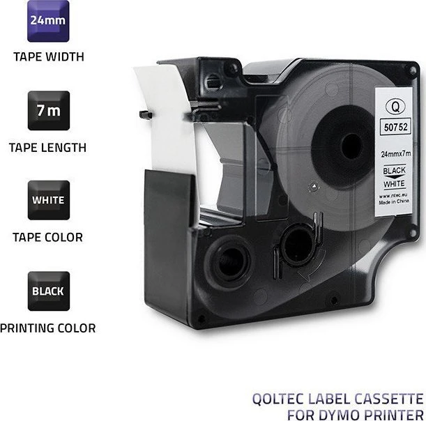 QOLTEC 50752 Tape for DYMO D1 53713/ 53718 / 24mm x 7m / Baltas/Juodas print