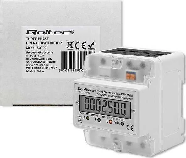 QOLTEC 50900 trifazis elektroninis energijos suvartojimo matuoklis 230V LCD 4P DIN bėgis