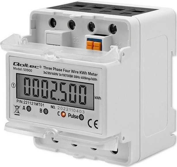 QOLTEC 50900 trifazis elektroninis energijos suvartojimo matuoklis 230V LCD 4P DIN bėgis