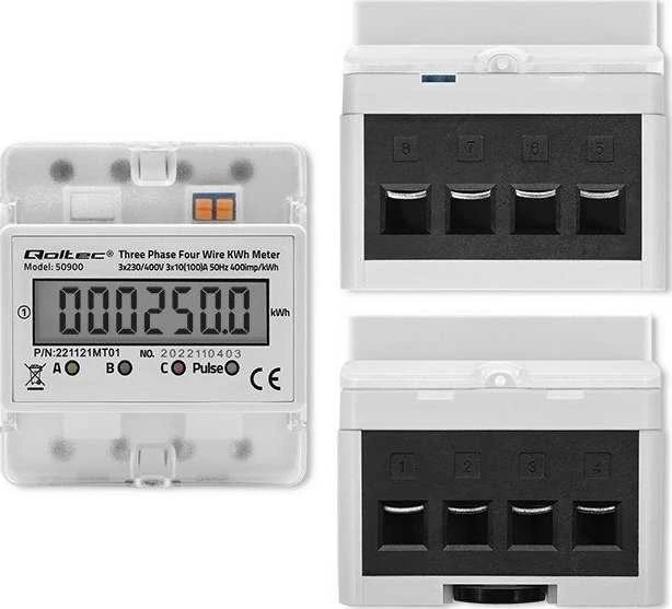 QOLTEC 50900 trifazis elektroninis energijos suvartojimo matuoklis 230V LCD 4P DIN bėgis