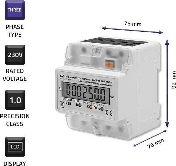 QOLTEC 50900 trifazis elektroninis energijos suvartojimo matuoklis 230V LCD 4P DIN bėgis
