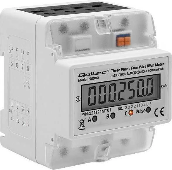 QOLTEC 50900 trifazis elektroninis energijos suvartojimo matuoklis 230V LCD 4P DIN bėgis