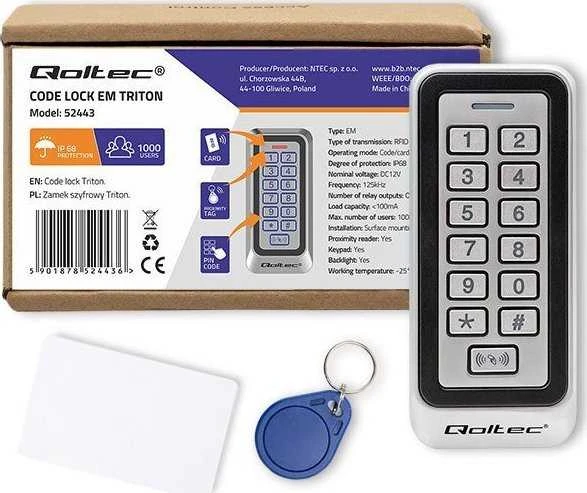 QOLTEC 52443 Kodinė spyna TRITON su RFID su RFID skaitytuvu Kodų kortelės rakto pultelis IP68 EM