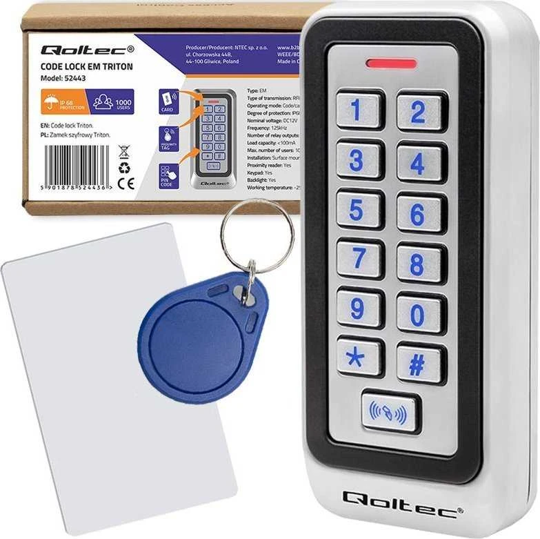 QOLTEC 52443 Kodinė spyna TRITON su RFID su RFID skaitytuvu Kodų kortelės rakto pultelis IP68 EM