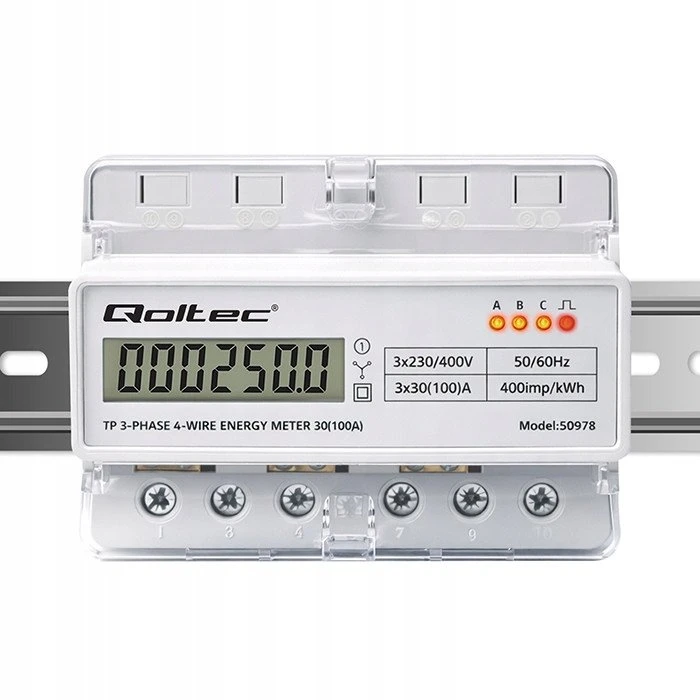 Qoltec Trijų fazių elektros skaitiklis 400V 100A LCD LED 7P