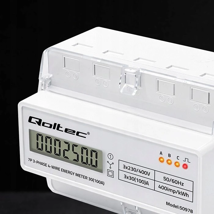 Qoltec Trijų fazių elektros skaitiklis 400V 100A LCD LED 7P