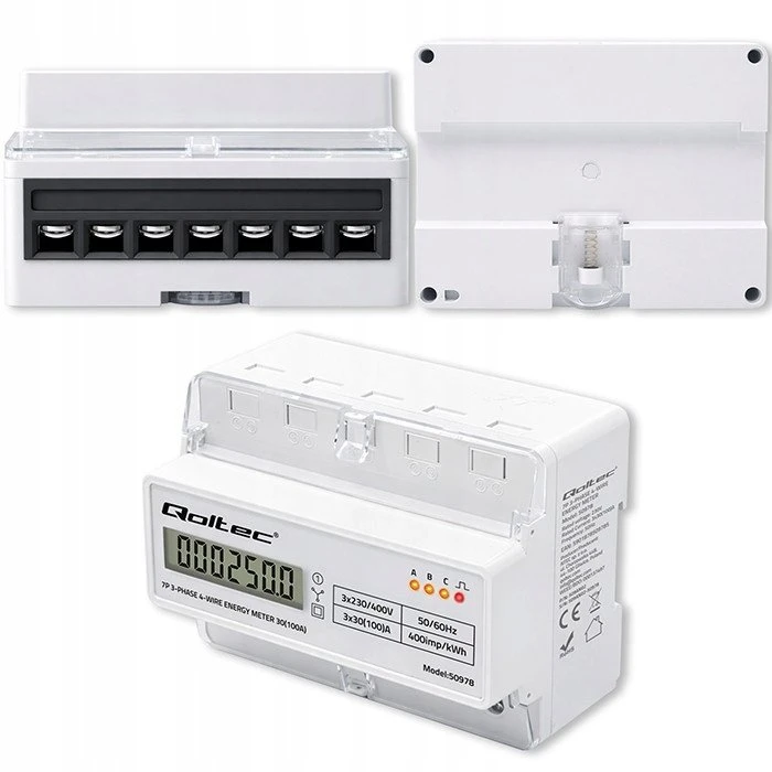 Qoltec Trijų fazių elektros skaitiklis 400V 100A LCD LED 7P