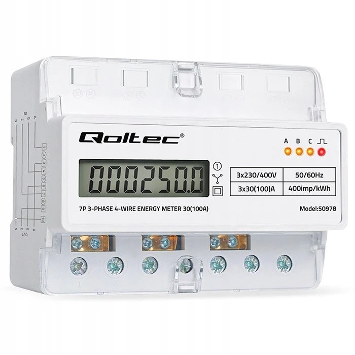 Qoltec Trijų fazių elektros skaitiklis 400V 100A LCD LED 7P