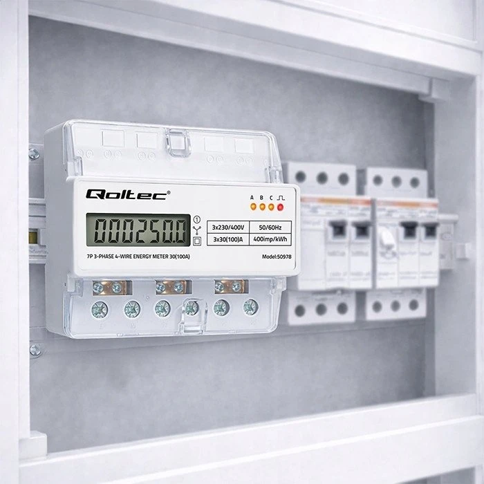 Qoltec Trijų fazių elektros skaitiklis 400V 100A LCD LED 7P