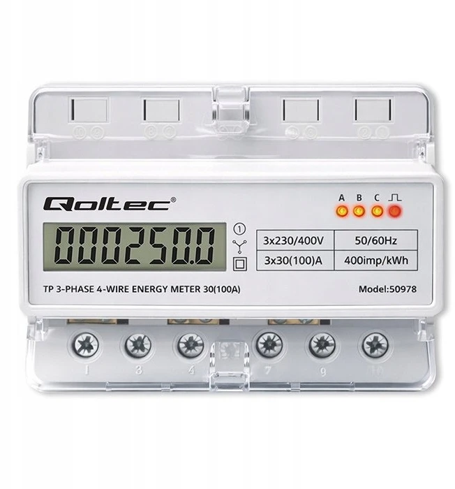 Qoltec Trijų fazių elektros skaitiklis 400V 100A LCD LED 7P