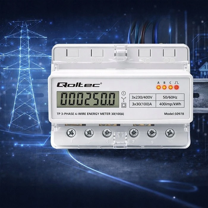 Qoltec Trijų fazių elektros skaitiklis 400V 100A LCD LED 7P