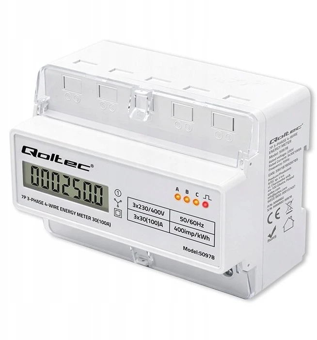 Qoltec Trijų fazių elektros skaitiklis 400V 100A LCD LED 7P