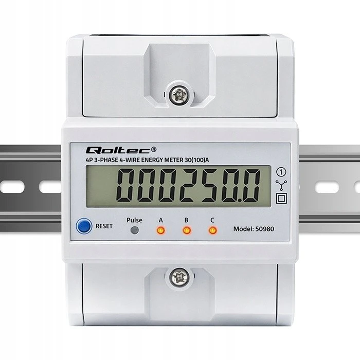 „Qoltec 50980“ trifazis elektroninis skaitiklis su atstatymu | Energijos suvartojimo skaitiklis ant DIN bėgelio | 400 V | 100 A | LCD | LED | 4P