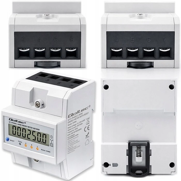 „Qoltec 50980“ trifazis elektroninis skaitiklis su atstatymu | Energijos suvartojimo skaitiklis ant DIN bėgelio | 400 V | 100 A | LCD | LED | 4P