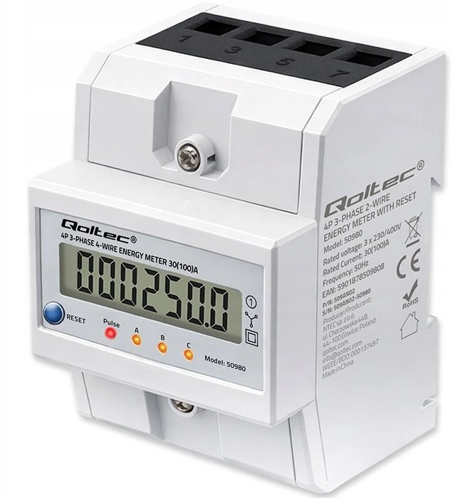 „Qoltec 50980“ trifazis elektroninis skaitiklis su atstatymu | Energijos suvartojimo skaitiklis ant DIN bėgelio | 400 V | 100 A | LCD | LED | 4P