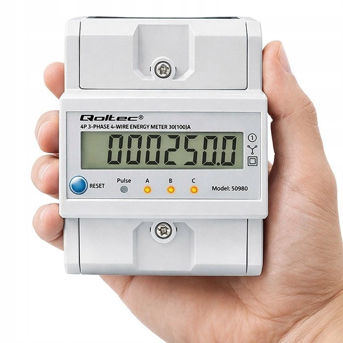 „Qoltec 50980“ trifazis elektroninis skaitiklis su atstatymu | Energijos suvartojimo skaitiklis ant DIN bėgelio | 400 V | 100 A | LCD | LED | 4P