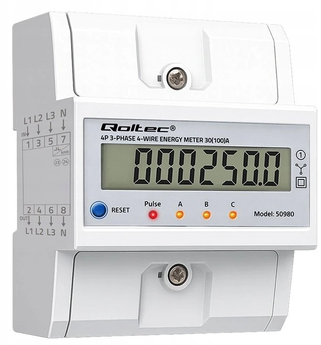 „Qoltec 50980“ trifazis elektroninis skaitiklis su atstatymu | Energijos suvartojimo skaitiklis ant DIN bėgelio | 400 V | 100 A | LCD | LED | 4P
