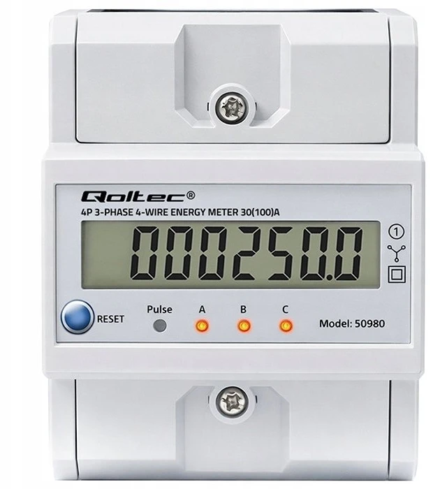 „Qoltec 50980“ trifazis elektroninis skaitiklis su atstatymu | Energijos suvartojimo skaitiklis ant DIN bėgelio | 400 V | 100 A | LCD | LED | 4P