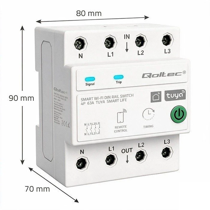 Qoltec 50976 Trifazė 63A relė DIN bėgeliui | 3P+N | Laikmatis | WiFi | Tuya | Išmanusis gyvenimas | Amazon Alexa | 4P