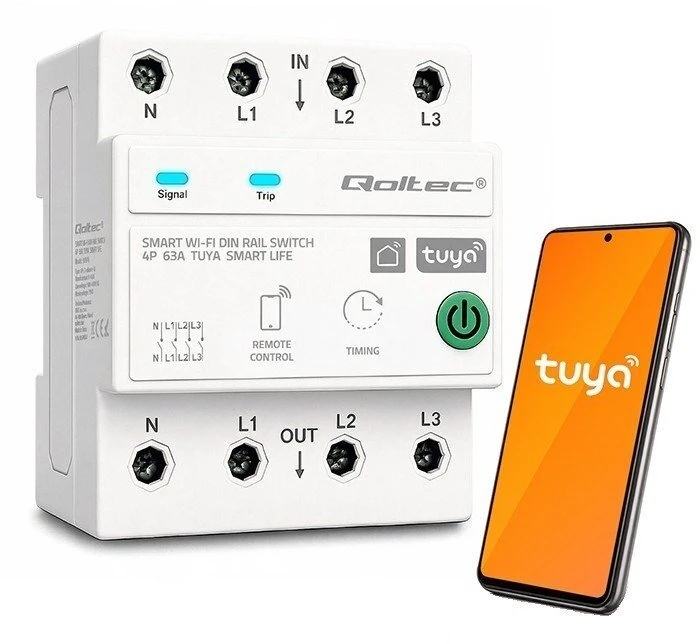 Qoltec 50976 Trifazė 63A relė DIN bėgeliui | 3P+N | Laikmatis | WiFi | Tuya | Išmanusis gyvenimas | Amazon Alexa | 4P