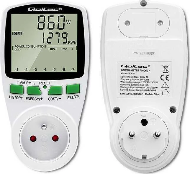 QOLTEC 50627 Galios matuoklis PM0627 su istorija / 3680W / 16A / LCD