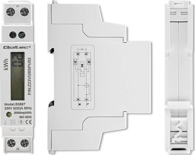 Vienfazis elektroninis skaitiklis suvartojimas energija ant bėgio din 230v lcd 1p plonas Qoltec