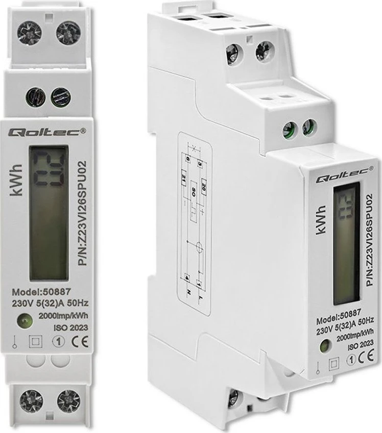 Vienfazis elektroninis skaitiklis suvartojimas energija ant bėgio din 230v lcd 1p plonas Qoltec