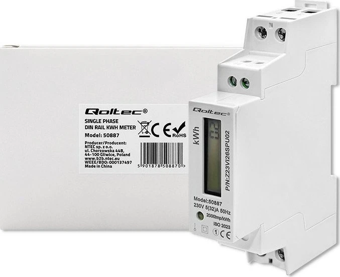 Vienfazis elektroninis skaitiklis suvartojimas energija ant bėgio din 230v lcd 1p plonas Qoltec
