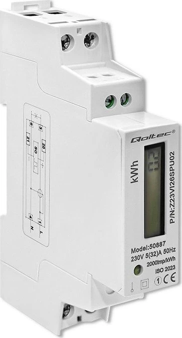 Vienfazis elektroninis skaitiklis suvartojimas energija ant bėgio din 230v lcd 1p plonas Qoltec