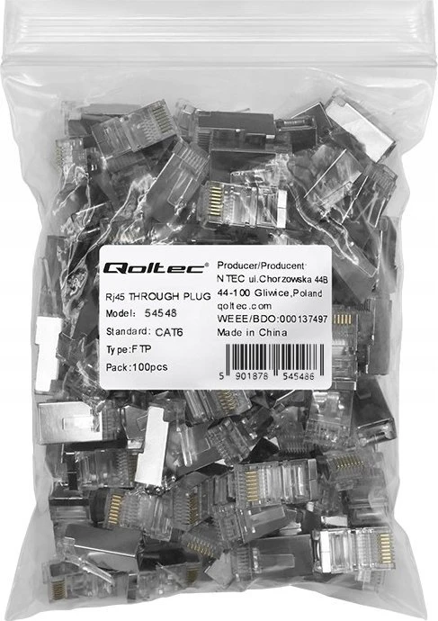 Kištukas jungtis rj45 cat6 ftp praėjimas per paauksuoti kontaktai 100 vienetų Qoltec