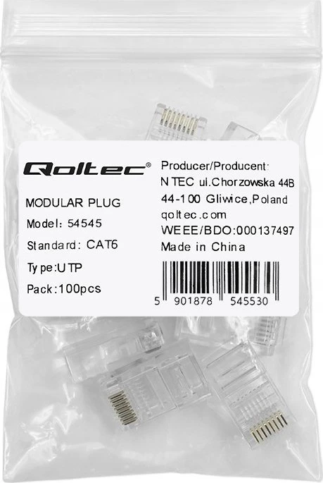 Qoltec RJ45 perėjimo jungtis CAT6 UTP auksuotos kontaktai 10 vnt