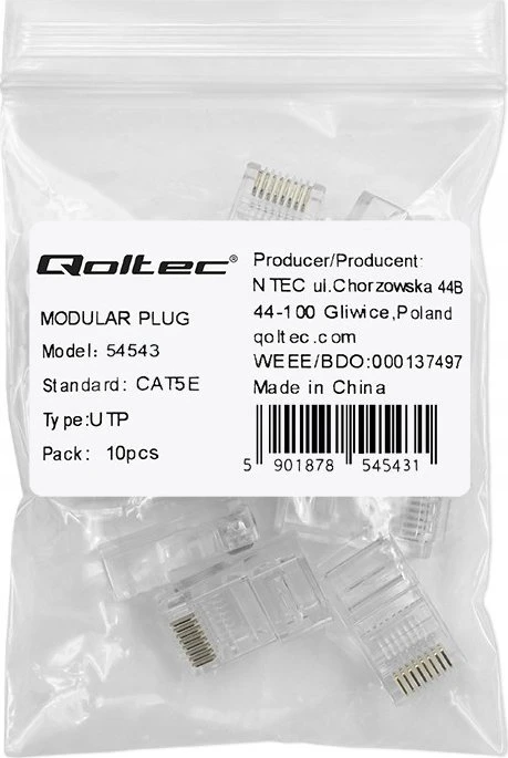 Qoltec RJ45 perėjimo jungtis CAT5e UTP auksuotos kontaktai 10 vnt