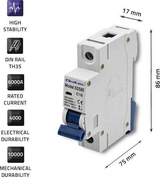 QOLTEC 52590 Viršsrovių grandinės pertraukiklis C16 / Saugiklis / AC / 16A / 1P