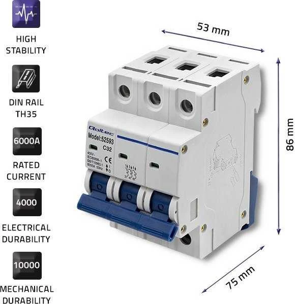 QOLTEC 52593 Viršsrovių grandinės pertraukiklis C32 / Saugiklis / AC / 32A / 3P