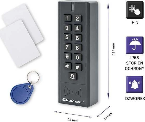 QOLTEC 52440 Kodinė spyna CALISTO su RFID skaitytuvu Kodų kortelės rakto pakabukas Durų skambučio mygtukas IP68 EM