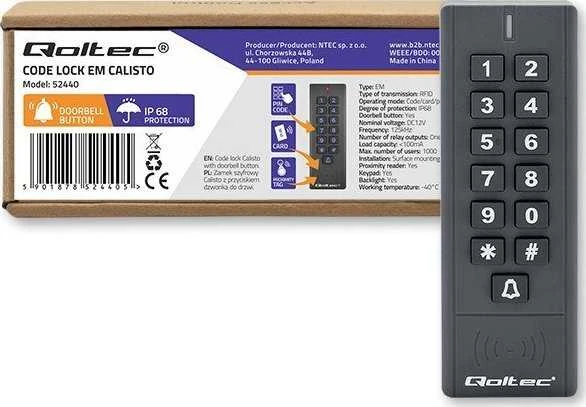 QOLTEC 52440 Kodinė spyna CALISTO su RFID skaitytuvu Kodų kortelės rakto pakabukas Durų skambučio mygtukas IP68 EM